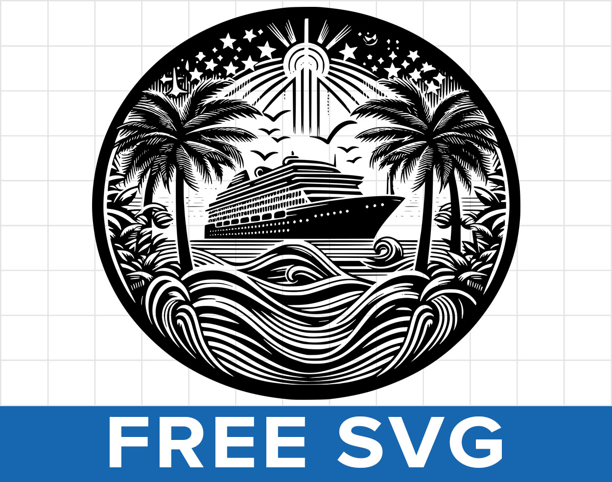 Cruise Ship Boat With Waves And Palm Trees