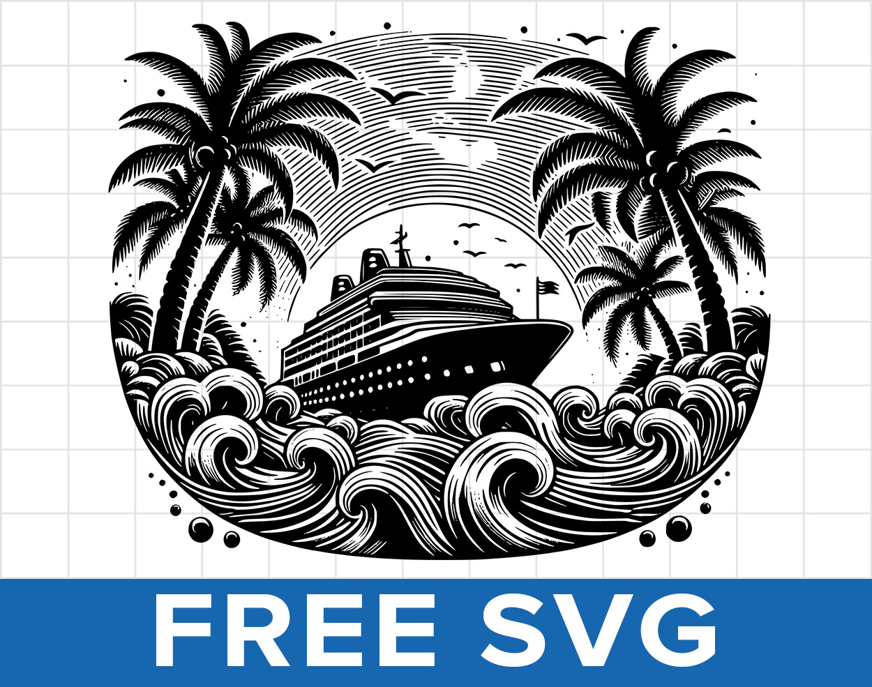 Cruise Ship Yacht With Waves And Palm Trees